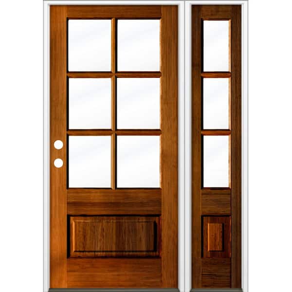 Krosswood Doors 50 in. x 80 in. Farmhouse 3/4 Lite Clear Glass Red Chestnut Stain Right-Hand/Inswing Hemlock Prehung Front Door w/ RSL
