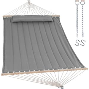 2 ft. to 15 ft. Quilted Double 2-Person Hammock with Hardwood Spreader Bar and Pillow in Light Gray