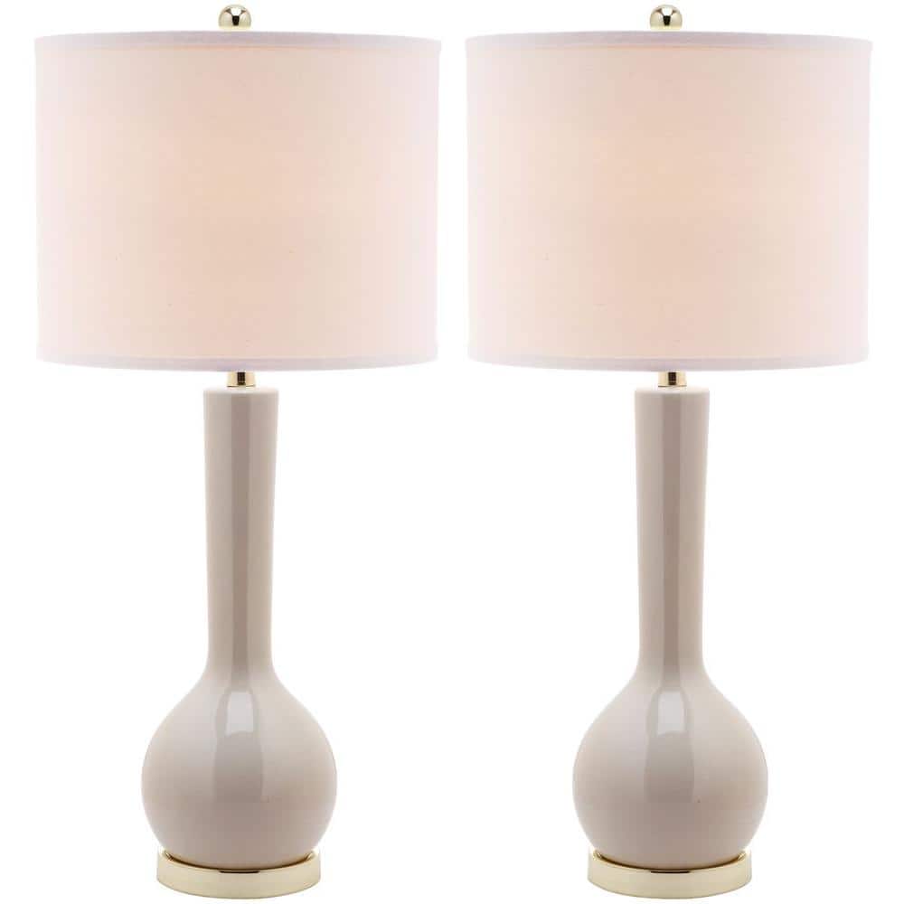Light Grey Ceramic Long Neck Table Lamp Set with White Cotton Shade