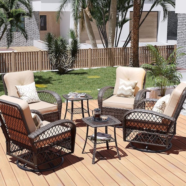 6-Piece Brown Metal Wicker 360° Patio Conversation Outdoor Rocking Chair Set with Beige Cushions