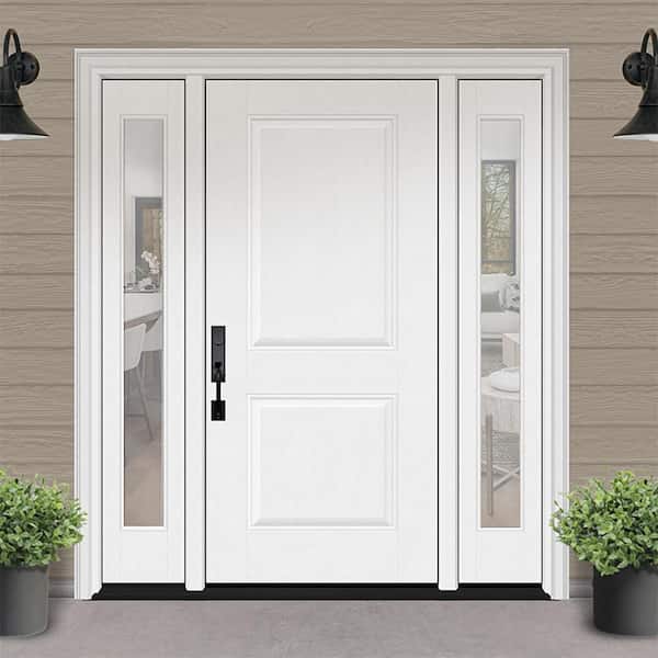 Regency 64 in. x 80 in. 2P Squaretop RHIS Unfinished White Mahogany Fiberglass Prehung Front Door w/Clear12in.SLs 6-9/16