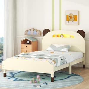 Cream and Walnut Wood Frame Twin Size Platform Bed with Bear-Shaped Headboard, Motion Activated Night Lights