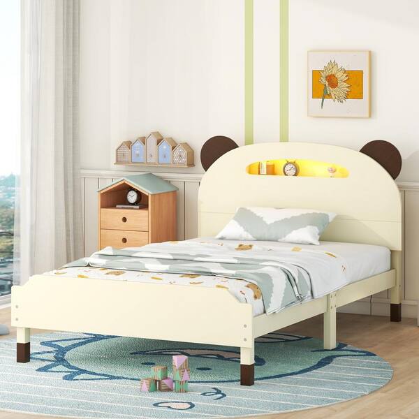 Harper & Bright Designs Cream and Walnut Wood Frame Twin Size Platform Bed with Bear-Shaped Headboard, Motion Activated Night Lights