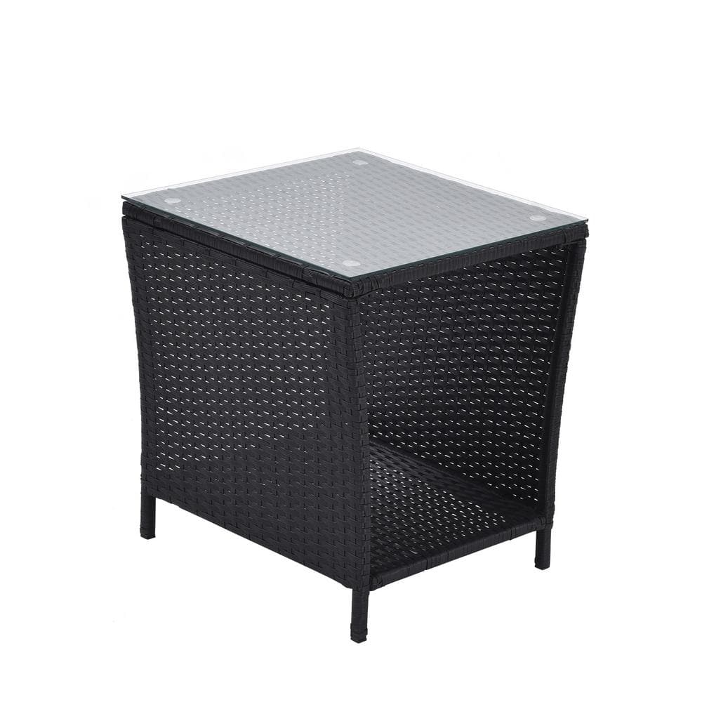 Outdoor Rattan Coffee Table with Storage Shelf, Wicker Side Table with Glass Top, Outdoor End Table for Garden, Porch