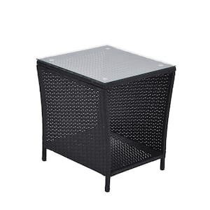 Outdoor Rattan Coffee Table with Storage Shelf, Wicker Side Table with Glass Top, Outdoor End Table for Garden, Porch