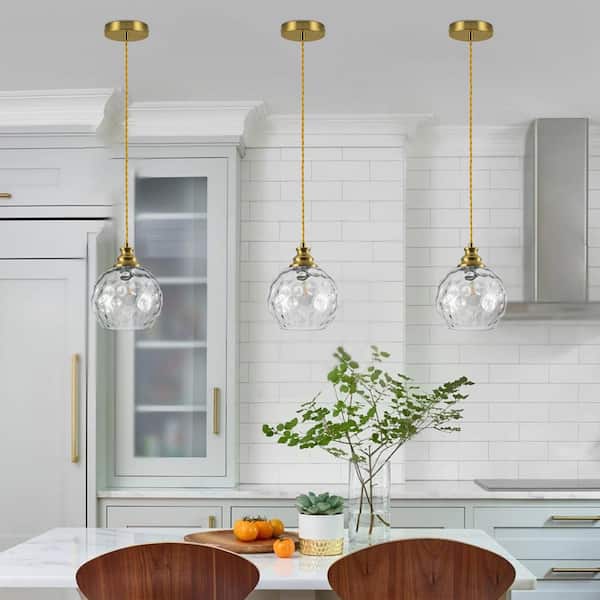 1-Light Brushed Brass Modern Pendant Light for Kitchen Island with Globe Hammered Glass Shade for Dining Room Entryway