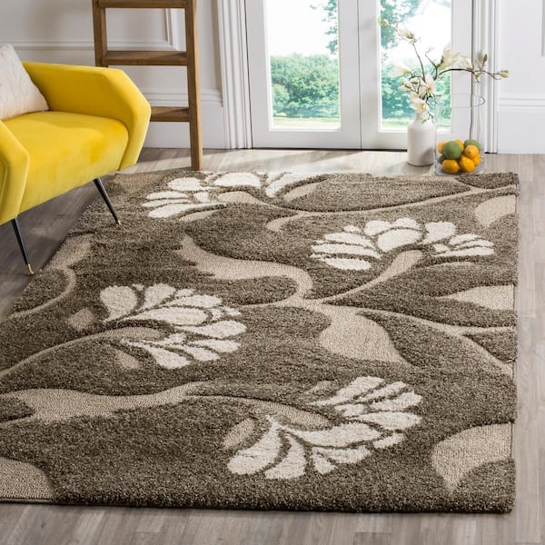 Florida Shag Smoke/Beige 5 ft. x 5 ft. Square Floral Solid Area Rug