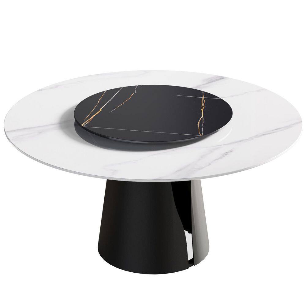 59.5 in. Round Black Rotary Lazy Susan Sintered Stone Dining Table with Black Carbon Steel Pedestal Base (Seats-6)