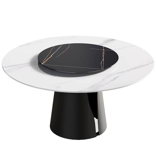 Magic Home 59.5 in. Round Black Rotary Lazy Susan Sintered Stone Dining Table with Black Carbon Steel Pedestal Base (Seats-6)