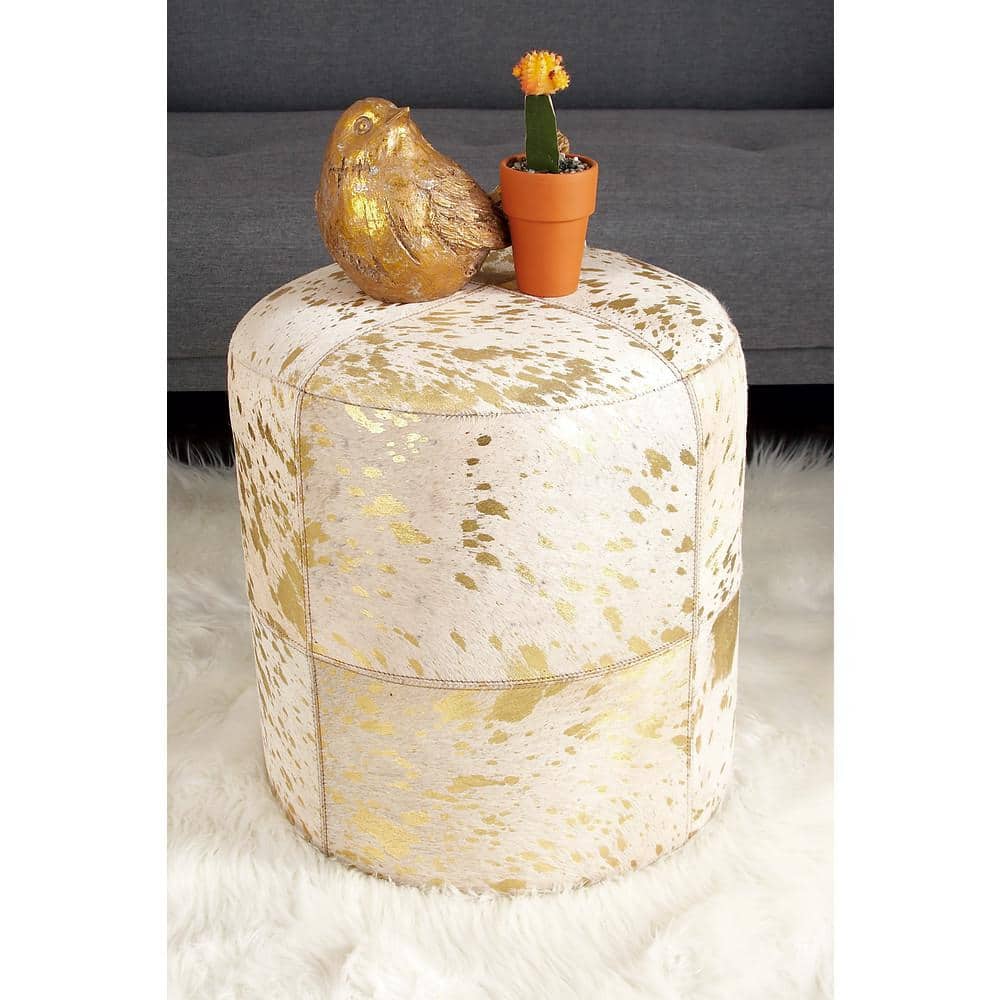 Elegant Gold Leather Round Pouf with Handmade Patchwork Design
