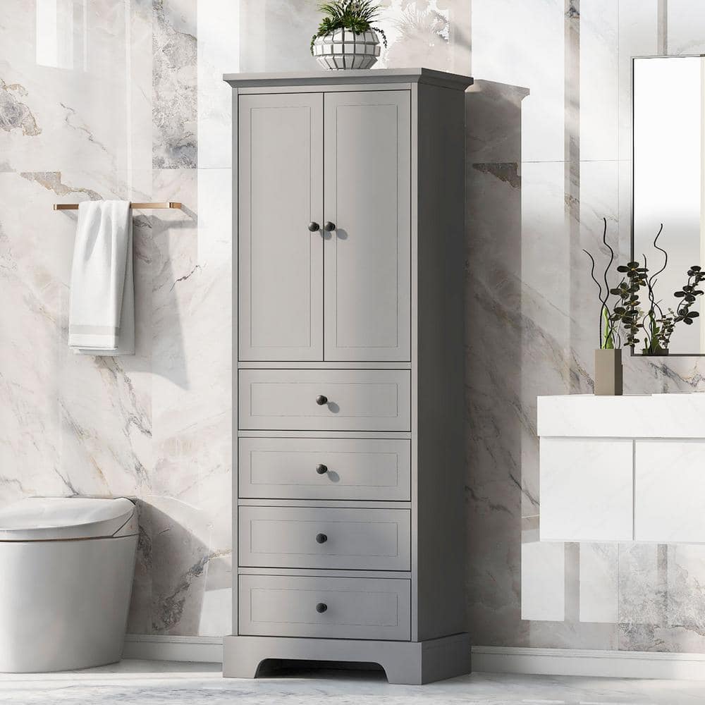 23.6 in. W x 15.7 in. D x 68.1 in. H Gray MDF Freestanding Linen Cabinet wi