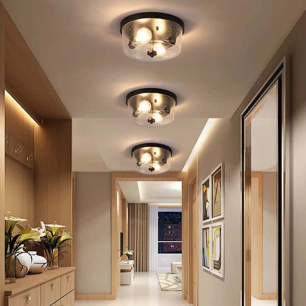 HKMGT 10.63 in. 2-Light Black Farmhouse Flush Mount with Seeded