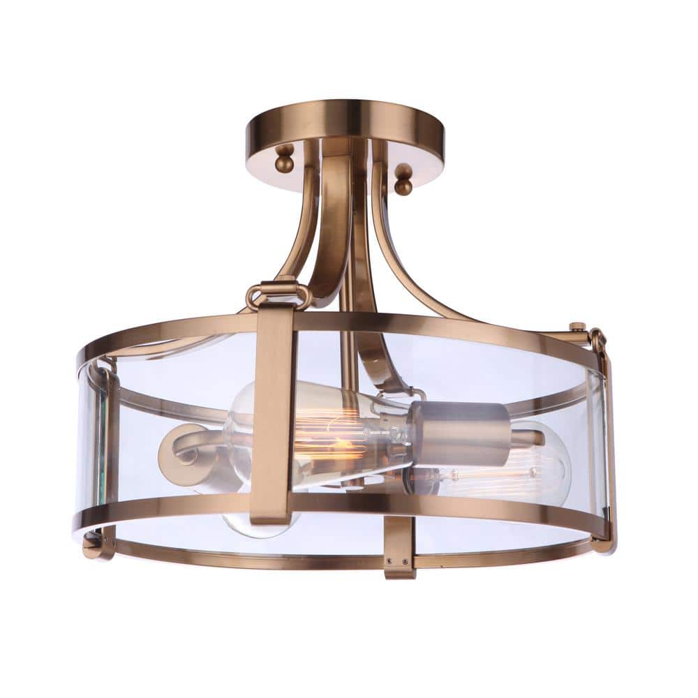 Satin Brass and Clear Glass Drum Semi-Flush Mount Light