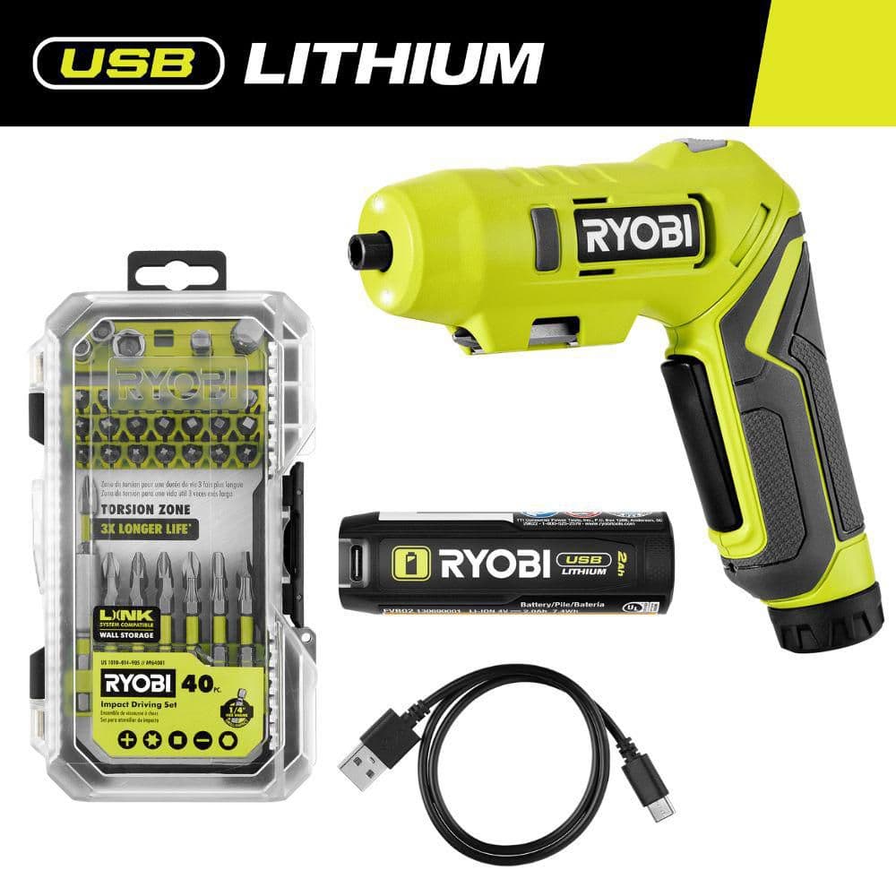USB Lithium Screwdriver Kit with 2.0 Ah USB Lithium Battery, Charging Cable, and Impact Rated Driving Set (40-Piece)