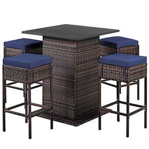 5-Piece Patio Wicker Outdoor Serving Bar Furniture Set with Navy Blue Cushion and Hidden Storage Shelf