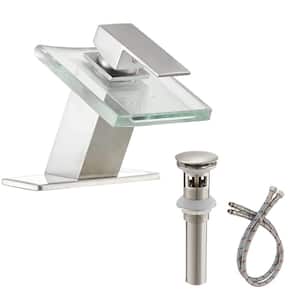 Single Handle Single Hole Waterfall Bathroom Faucet with Pop-Up Drain Assembly and Deckplate Included in Brushed Nickel