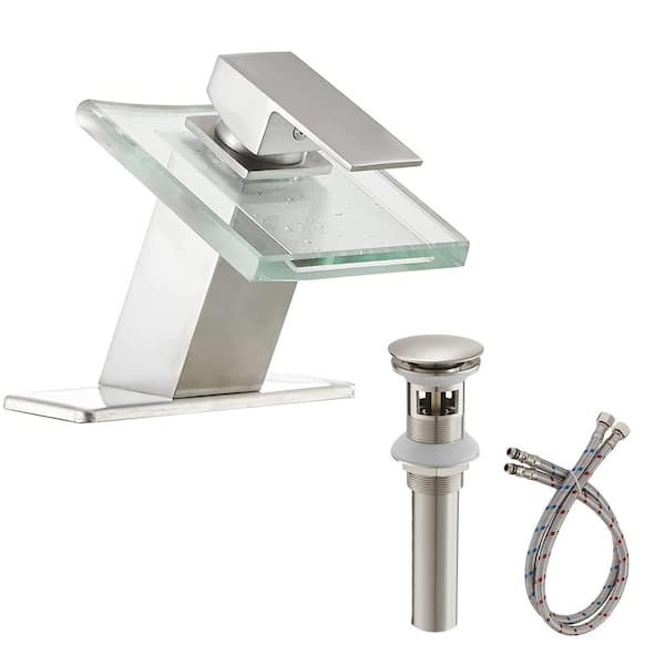 FLG Single Handle Single Hole Waterfall Bathroom Faucet with Pop-Up Drain Assembly and Deckplate Included in Brushed Nickel