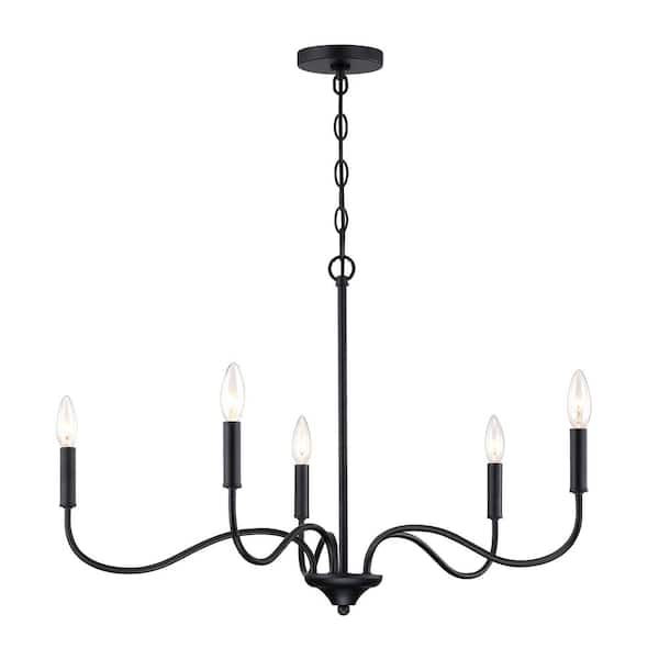 Hampton Bay Wingard 5-Light Matte Black Mid-Century Candle Chandelier for Dining Areas with No Bulbs Included
