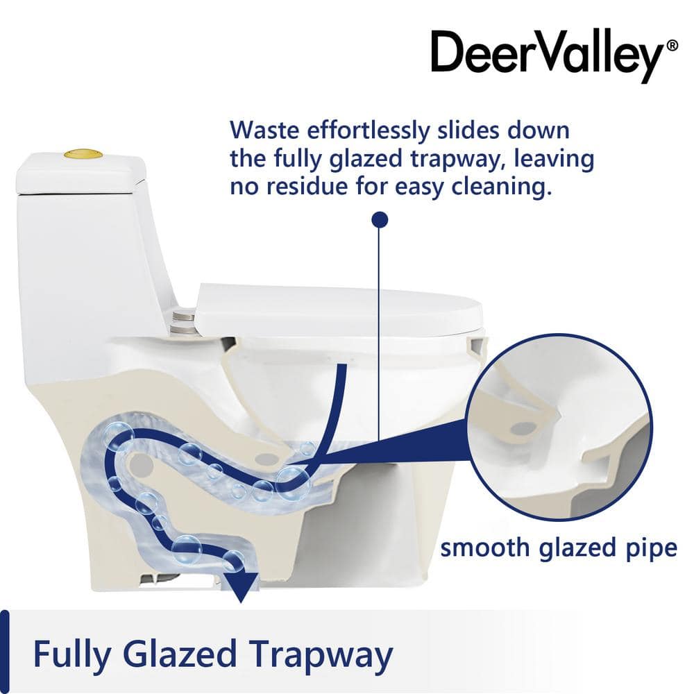 White and Gold Dual-Flush Elongated One-Piece Toilet