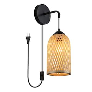 Industrial 7.87 in. Bamboo 1-Light Metal Base Basket Plug in Wall Sconces, Rustic Adjustable Height Pulley Wall Lamp