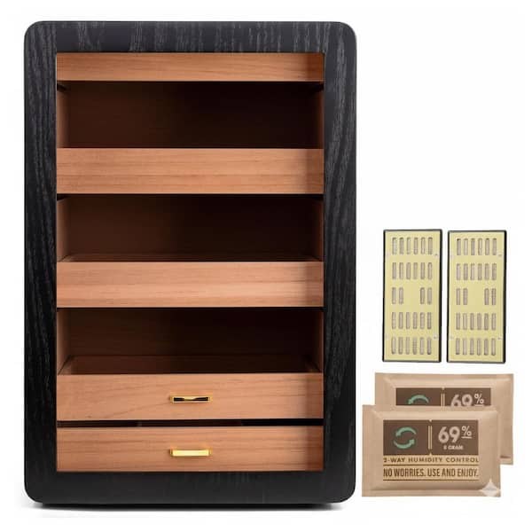 21.75 x 13.5in. H Black Cedar Wood Cigar Humidor with Digital Hygrometer, Drawers and Humidifiers
