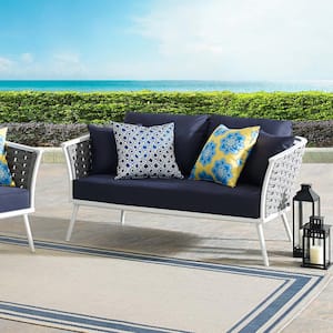 Stance Aluminum Outdoor Loveseat in White with Navy Cushions