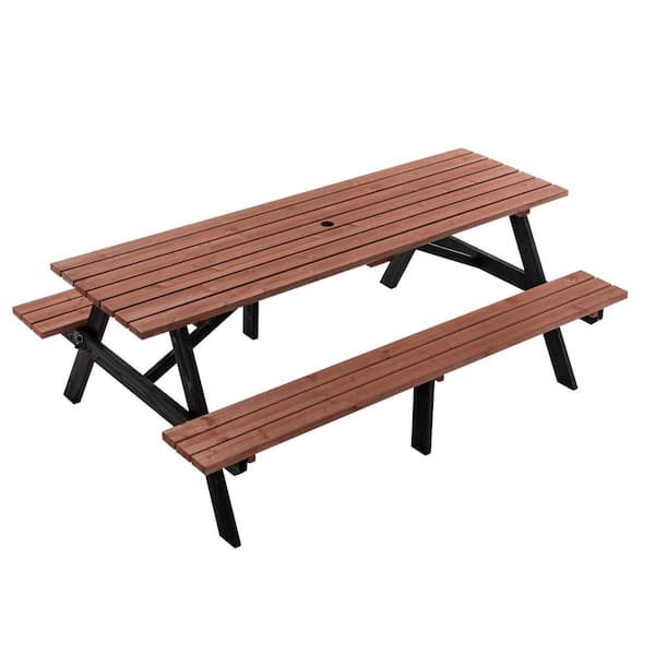 8 Person Rustic Brown Outdoor Solid Wood Picnic Table Set 2200 lbs Capacity with Umbrella Hole
