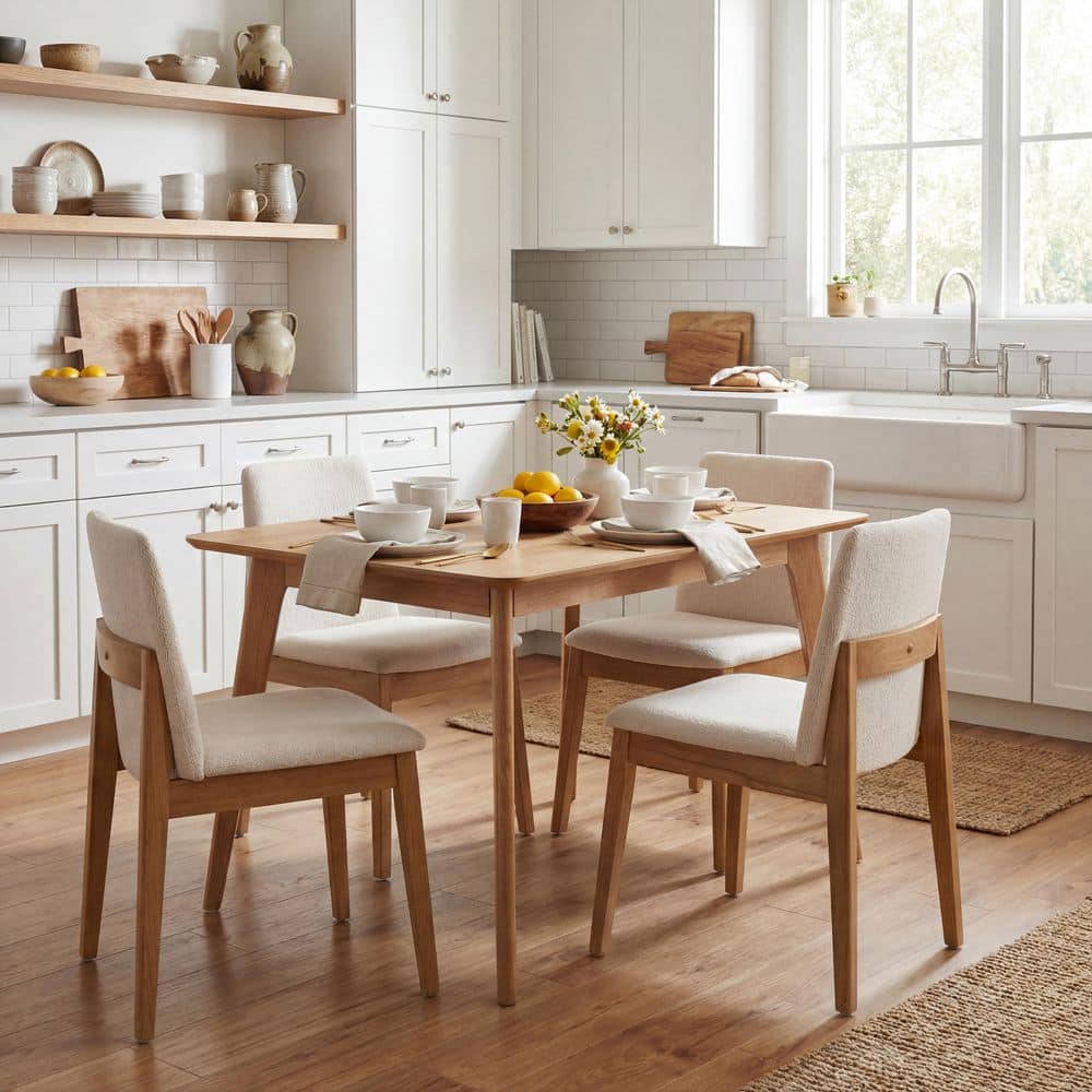 Harry 5-Piece Wood Top Dining Set with Beige+Oak Fabric Upholstered Dining Chairs, Light Natural Dining Table, Seats 4