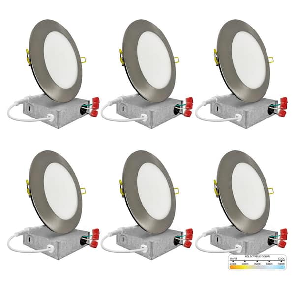 NuWatt 6 in. LED Brush Nickel Round Ultra Slim Canless Integrated LED Recessed Light Kit 5 CCT 2700K - 5000K Dimmable (6-Pack)