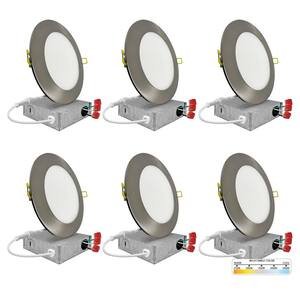 6 in. LED Brush Nickel Round Ultra Slim Canless Integrated LED Recessed Light Kit 5 CCT 2700K - 5000K Dimmable (6-Pack)
