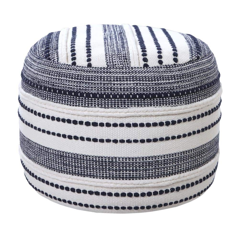 Navy and Ivory Seaside Striped Cotton Pouf Ottoman, 18" x 14"