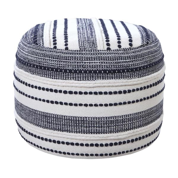 Nora Navy Blue/White Striped Hand-Woven Organic Cotton Ottoman