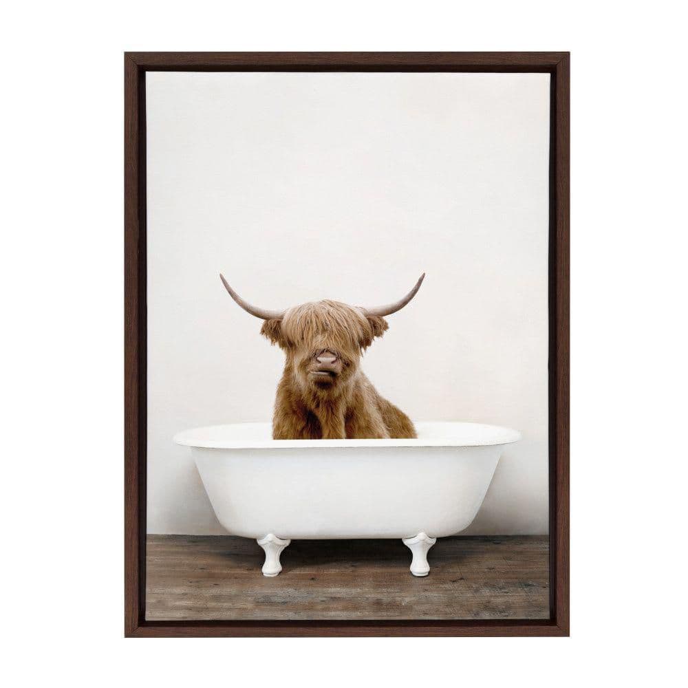 Highland Cow in Tub Brown and White Framed Canvas Print