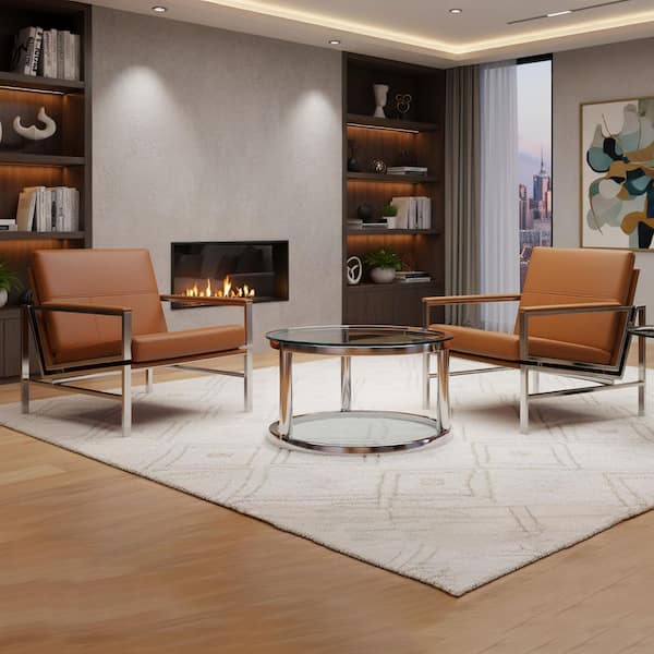 Atlas Signature Caramel/Chrome Genuine Leather Accent Arm Chair with Metal Frame