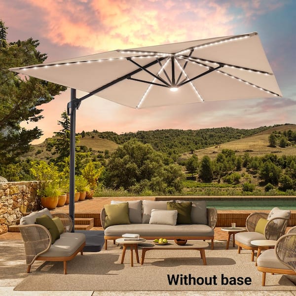 Sonkuki 11.5 ft. x 9 ft. Premium Aluminum Pole Cantilever Solar LED Patio Umbrella 360° Rotation, Sand