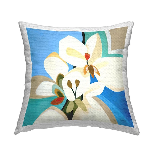 Stupell Industries Blue and White Abstract Flower Beige Square Outdoor Throw Pillow