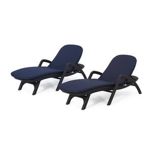 Mikael Dark Brown 2-Piece Faux Rattan Outdoor Patio Chaise Lounge with Navy Blue Cushion