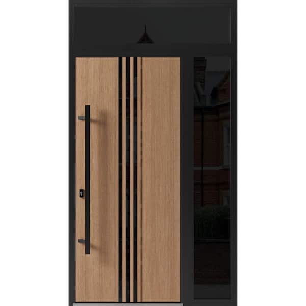 VDOMDOORS 1055 52 in. x 96 in. Right-hand/Inswing 2 Sidelight Tinted Glass Teak Steel Prehung Front Door with Hardware