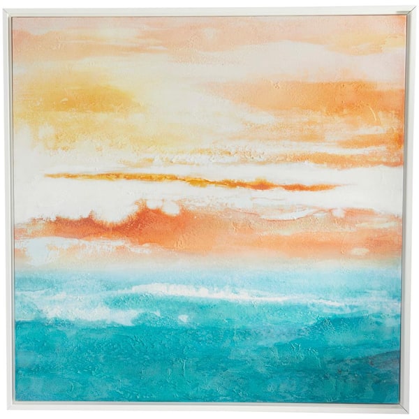 Litton Lane 1- Panel Landscape Abstract Sunset Framed Wall Art with White Frame 37 in. x 37 in.