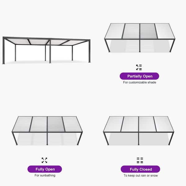 11.7 ft. x 28.1 ft. Gray Aluminum Outdoor Louvered Pergola with 4 White Individual Adjustable Roofs and In-Built Gutter
