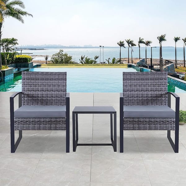 3-Piece Gray Wicker Square Outdoor Bistro Set with Gray Cushions, Patio Furniture Set for Backyard Garden