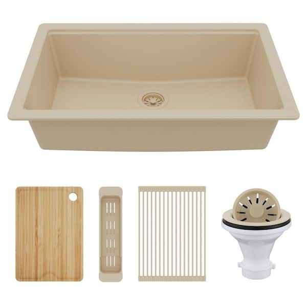 32-3/8 in. Undermount Single Bowl Quartz Workstation Kitchen Sink in Bisque