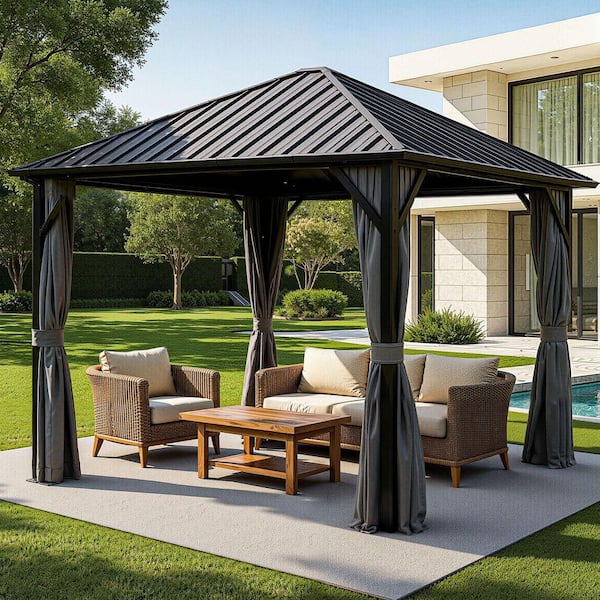 10 ft. x 10 ft. Black Outdoor Aluminum Hardtop Gazebo with Metal Roof Pergola, Netting, and Curtain