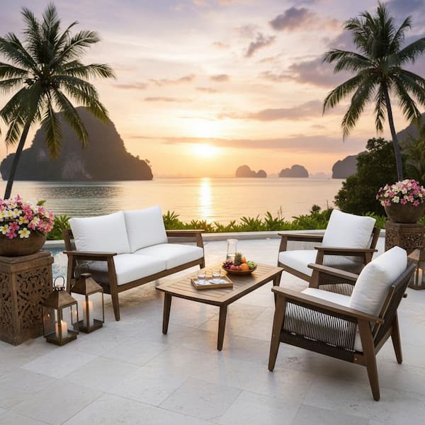 Teamson Home 4-Piece Acacia Wooden Patio Conversation Set with Thick Cushions and Matching Coffee Table in Dark Brown