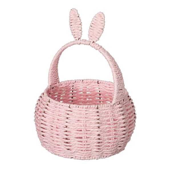 WICKERWISE Bunny Ear Basket with Handle Multi-Purpose Paper Rope Wicker Basket for Easter, Picnics, Flowers, and Gifting, Pink