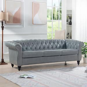 84.65 in Wide Rolled Arm Faux Leather Rectangle Chesterfield Sofa in Gray with Nail Head Trim, Button-Tufted Backrest