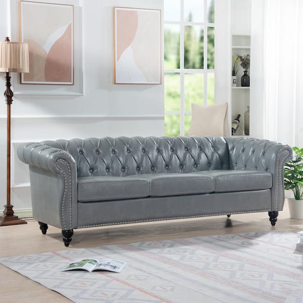 Harper & Bright Designs 84.65 in Wide Rolled Arm Faux Leather Rectangle Chesterfield Sofa in Gray with Nail Head Trim, Button-Tufted Backrest