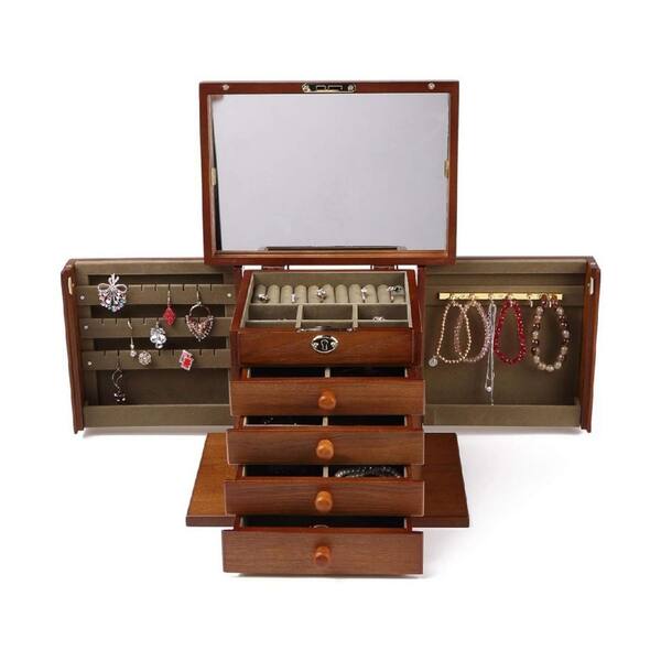 Brown Rectangular Wood Jewelry Box with Lock and Key HD8JZH1XRJ
