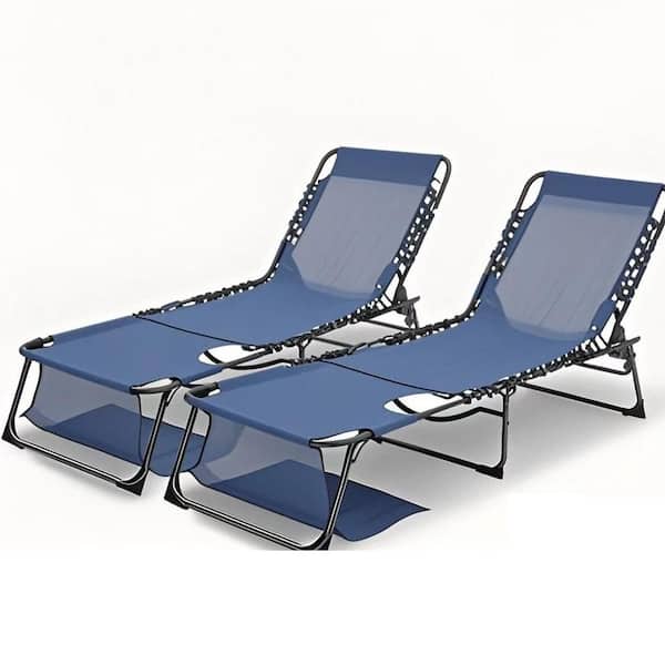 Unbranded 2-Pieces Blue Outdoor Chaise Lounge Chair w/ 5-Position Folding Recliner Pool Chair Tanning Chair with Face & Arm Holes
