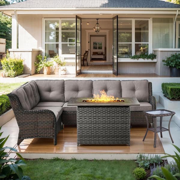 Pocassy 5-Piece Curved Armrest Rattan Wicker Patio Conversation Outdoor Corner Sofa Seating Set with Cushions (Brown/Gray)